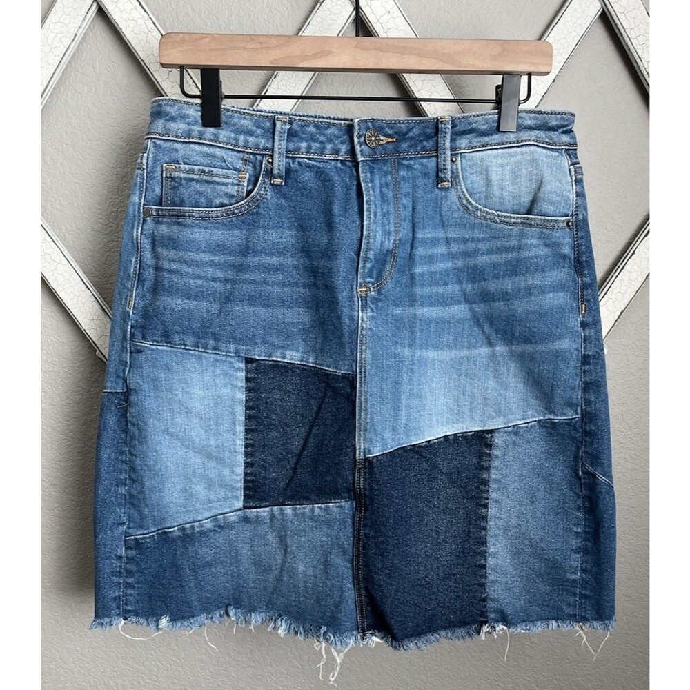 Driftwood Saydi Women's 28 Patchwork Denim Jean Skirt Frayed Hem